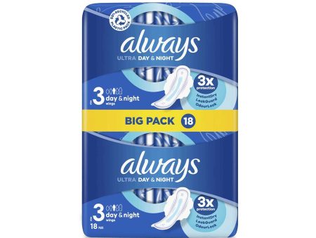 Always Ultra Sanitary Towels Day & Night - Size 3 Wings (18 Pack) Fashion