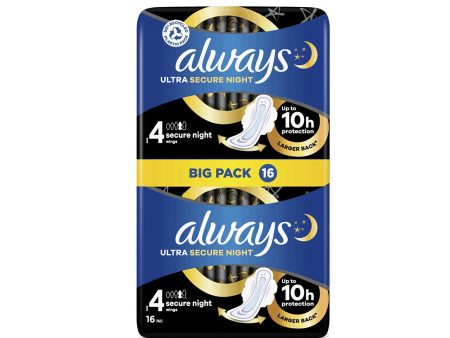 Always Ultra Pads Secure Night Extra - Size 4 Wings (16 Pack) Online Sale