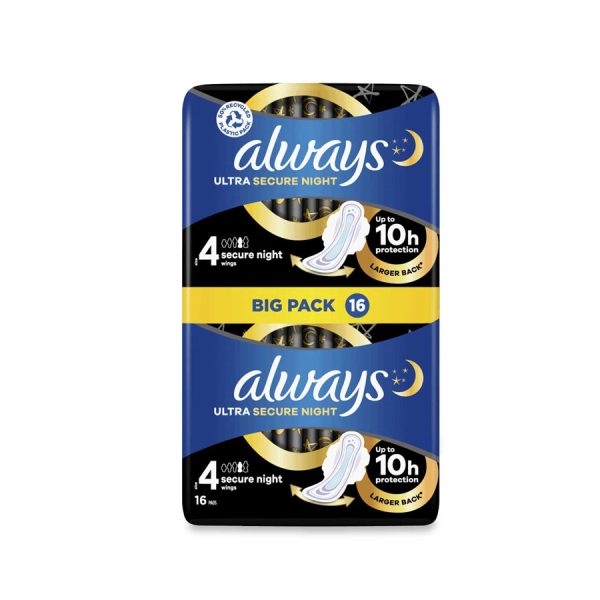 Always Ultra Pads Secure Night Extra - Size 4 Wings (16 Pack) Online Sale